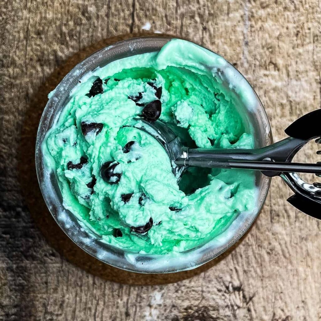 a bowl of mint chocolate chip ice cream