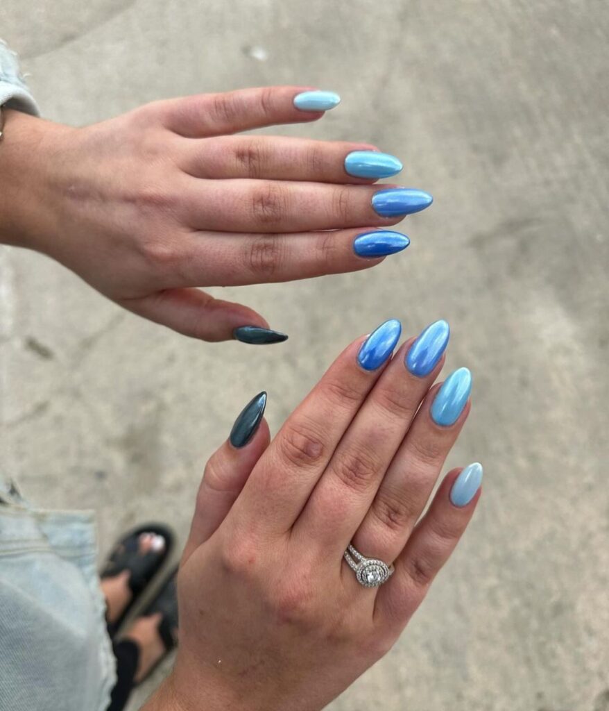 different shades of blue chrome nails