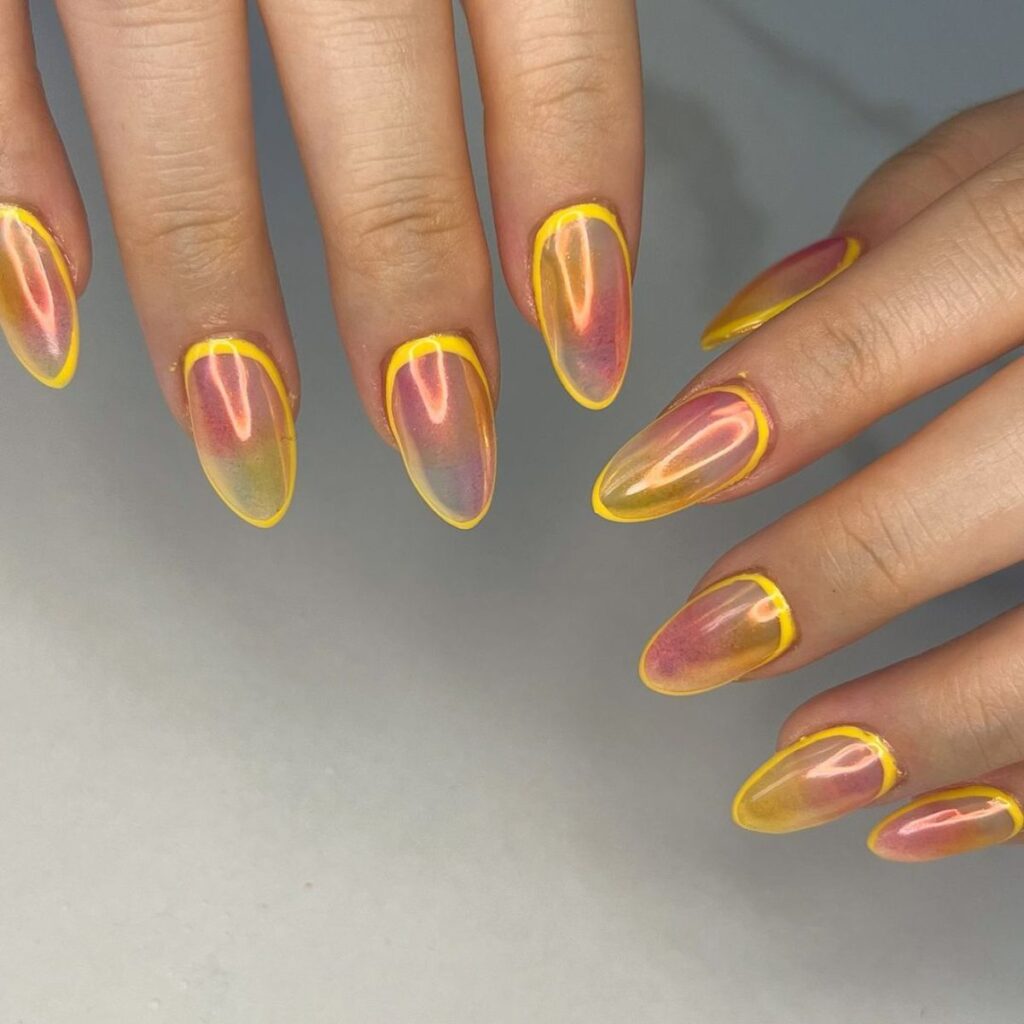 chrome nails with a yellow border