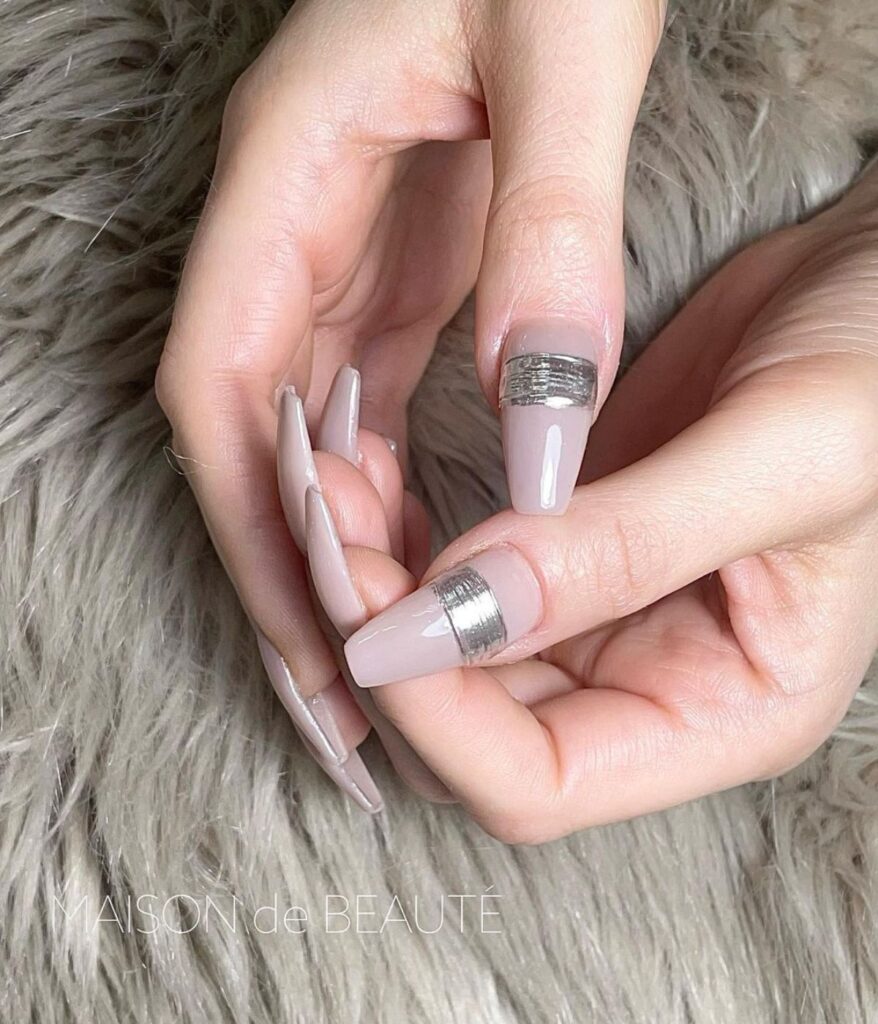 light pink nails with chrome accents