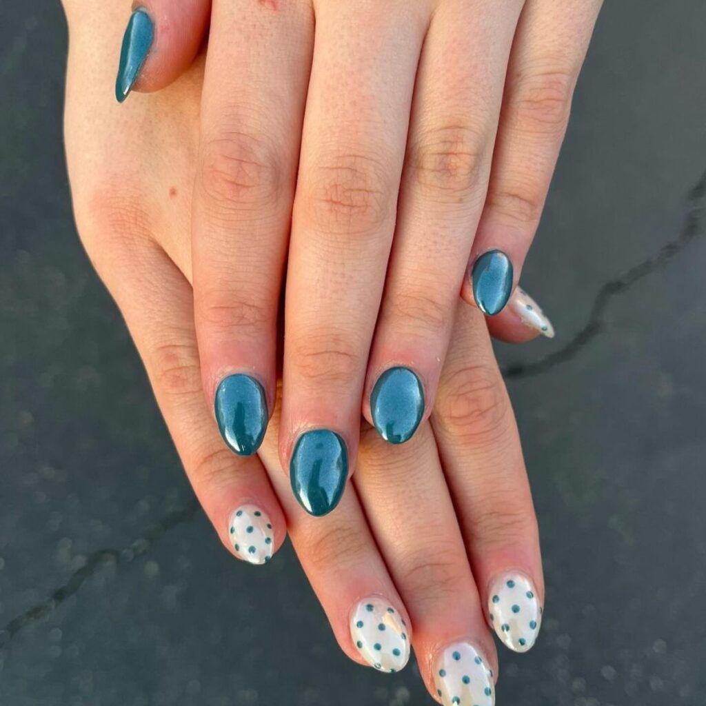 blue chrome nails with polka dots