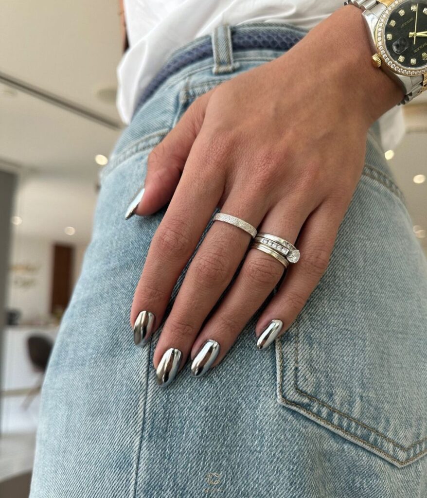 sleek silver chrome nails